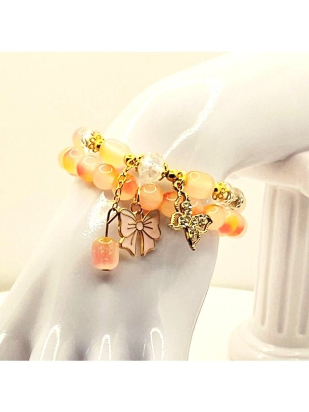 Peach Bow Butterfly Bracelet, Coquette Charm Bracelet, Feminine Beaded Jewelry
